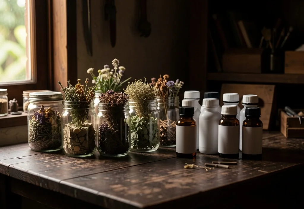 Editorial workspace with botanical supplement jars