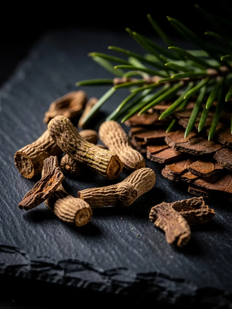 Macro photograph of dried botanical roots on dark surface