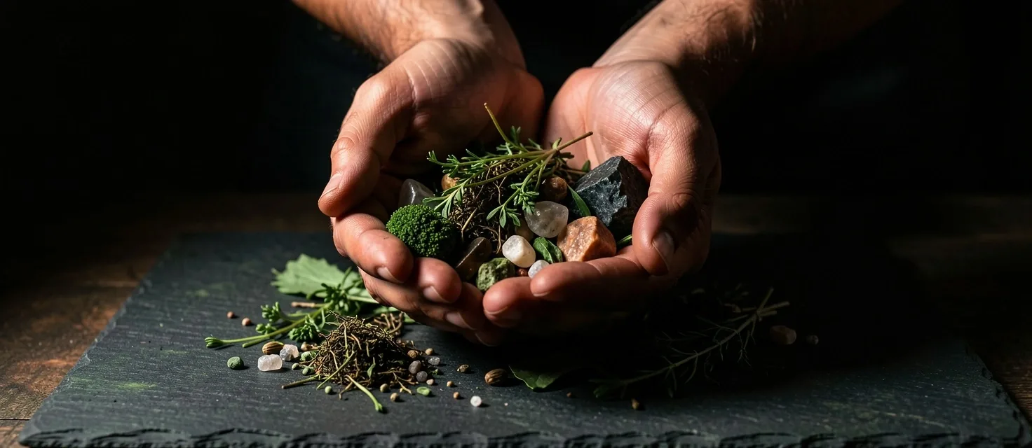 Hands holding raw herbs and mineral crystals in dramatic lighting