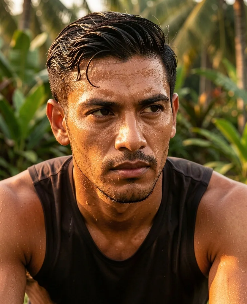 Man resting after outdoor exercise in a tropical setting
