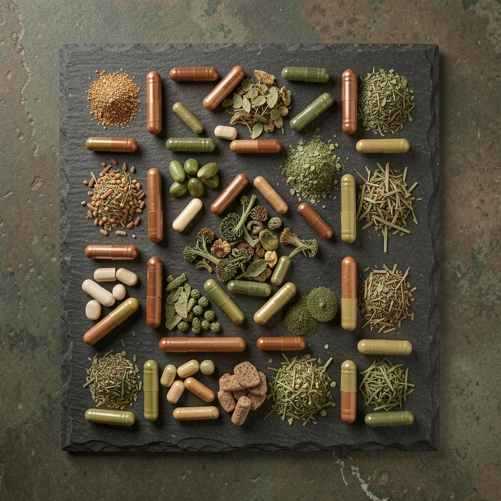 Top-down view of natural supplement capsules and dried herbs arranged on stone