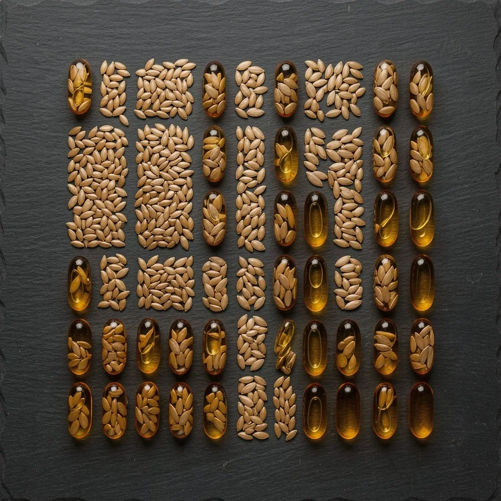 Flaxseeds and omega-3 capsules in grid arrangement