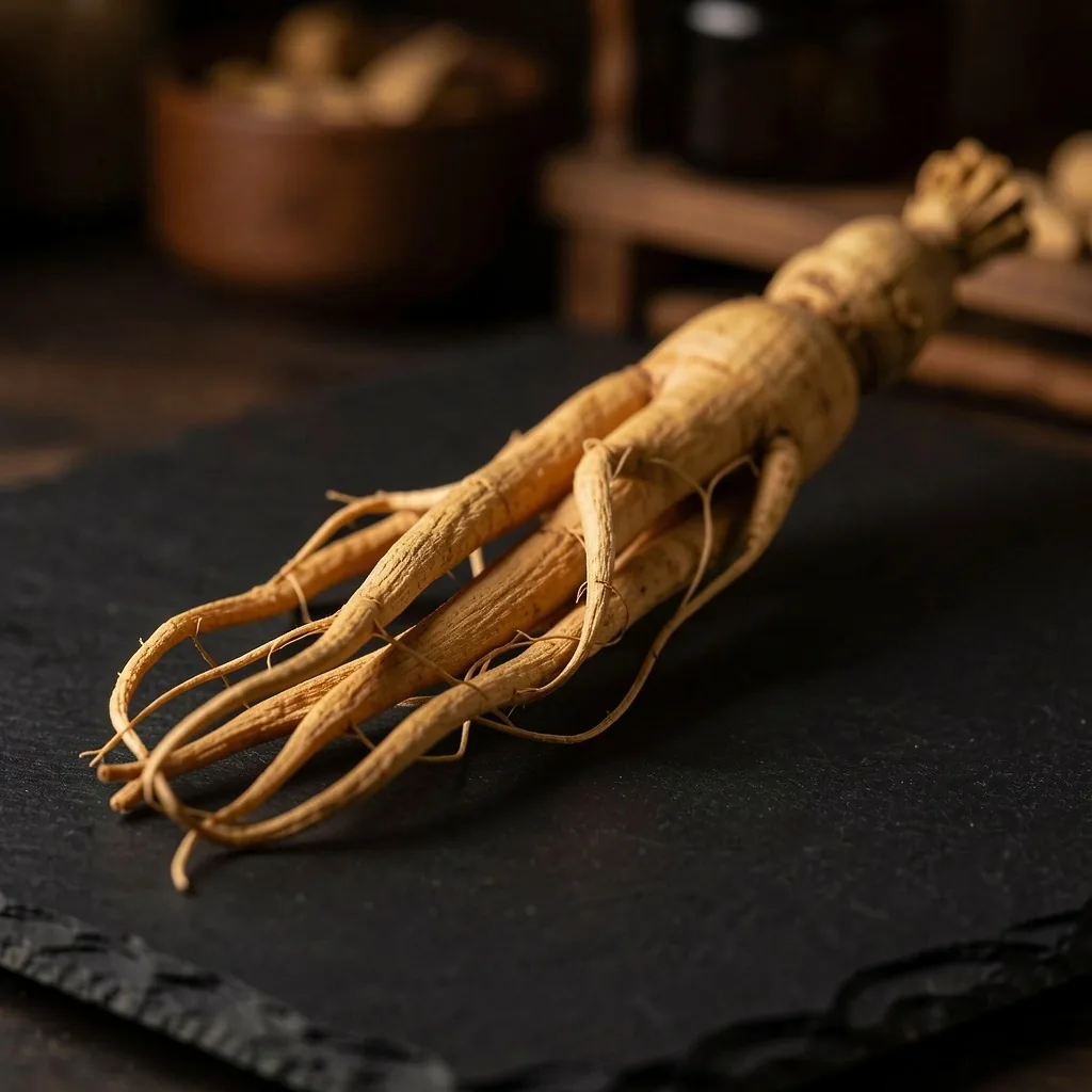 Panax ginseng roots on dark slate