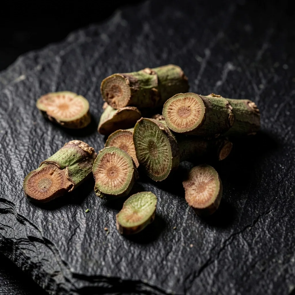Rhodiola rosea root pieces on dark stone