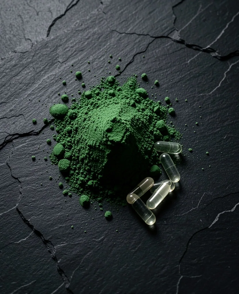 Spirulina powder and plant-based capsules on stone