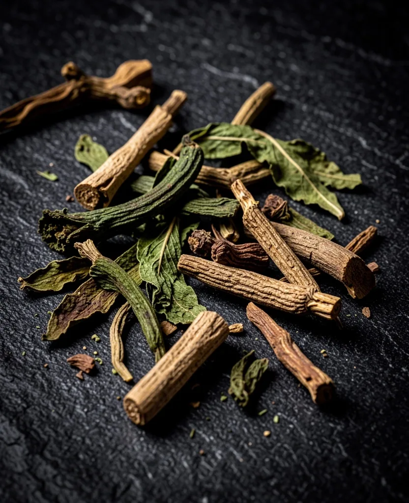 Dried botanical ingredients on a dark stone surface