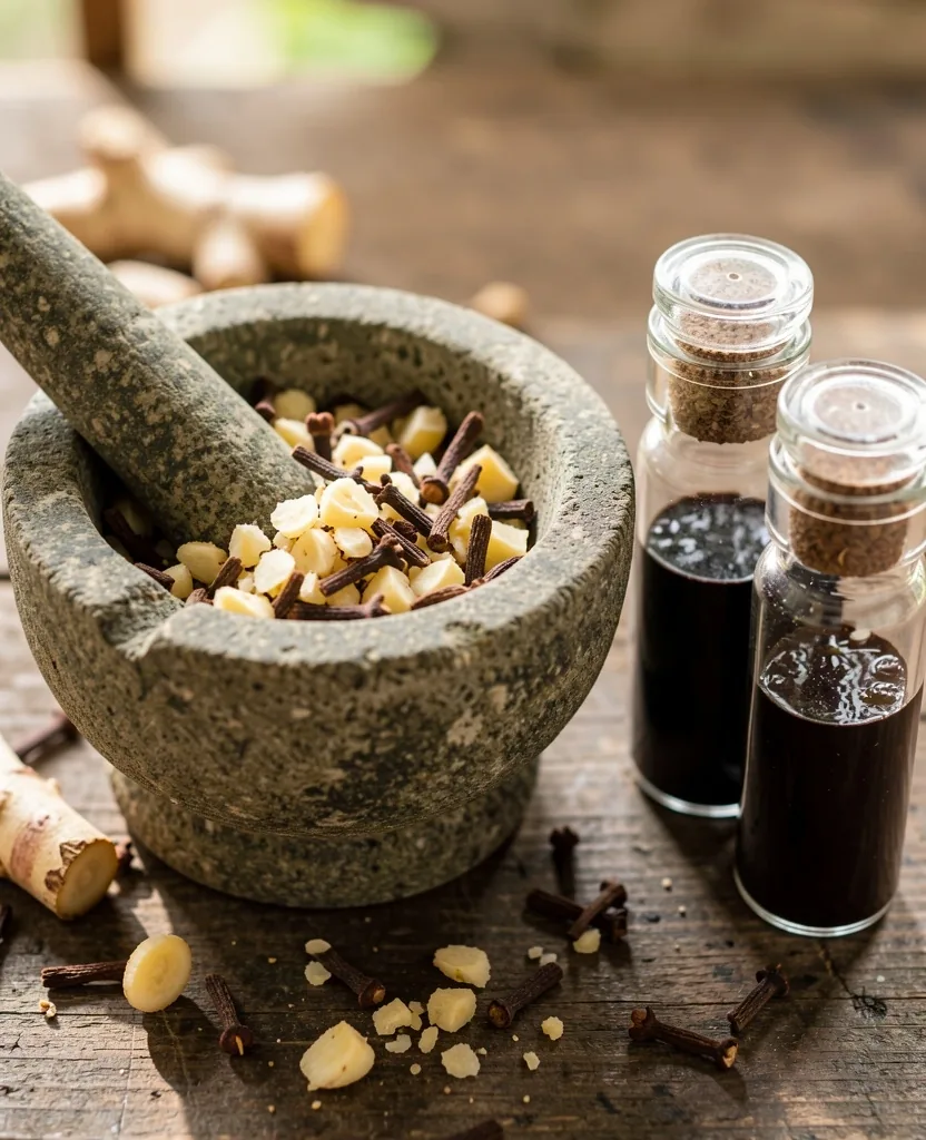 Traditional Indonesian herbal ingredients arranged on stone