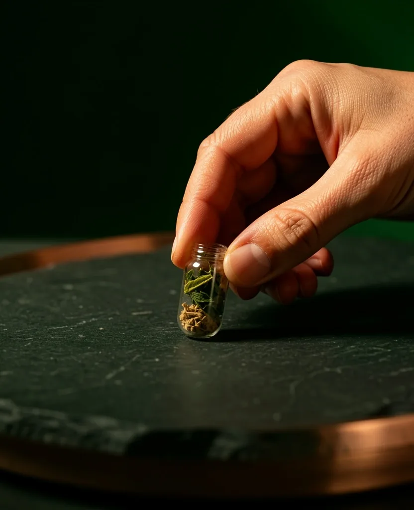 A natural capsule placed on a dark stone surface