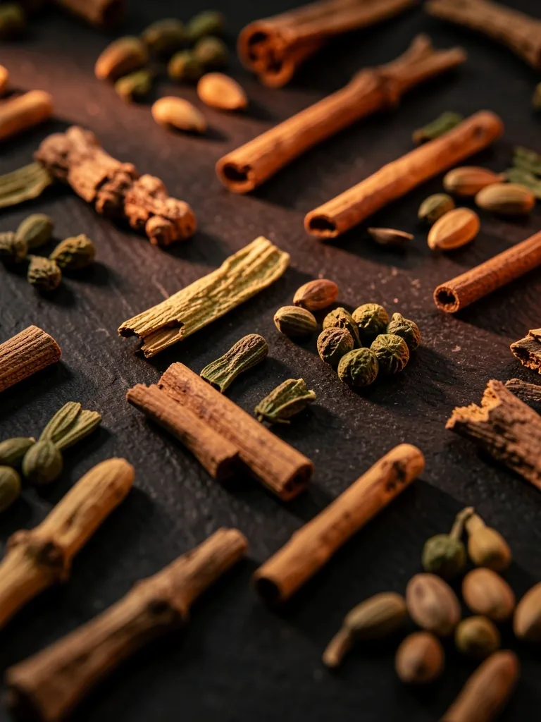 Macro view of dried botanical ingredients on a dark surface